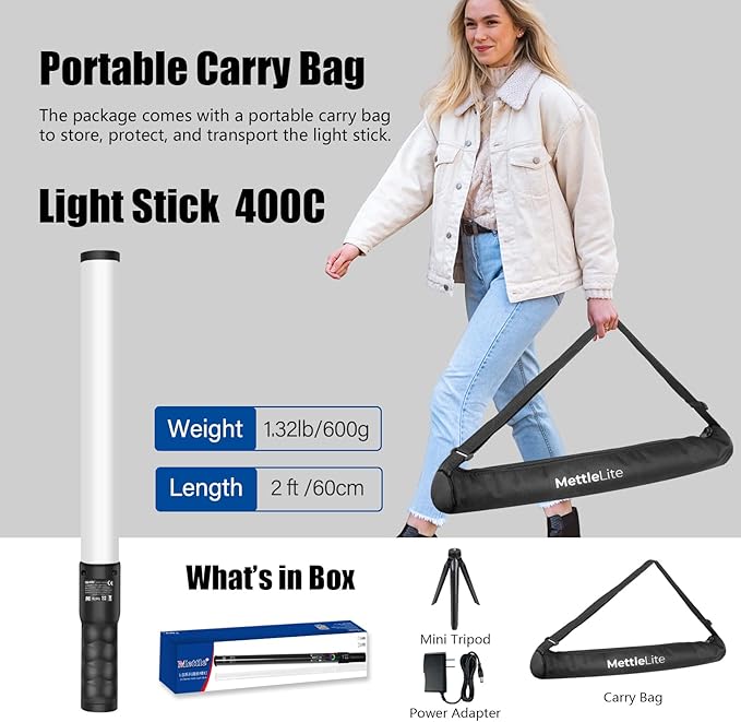 Mettlelite LS400C RGB LED Light Stick Full Color Continuous Output Video Light 2 ft with APP Control 2800K-8000K CRI96 TLCI97 RGB CCT HSI 10 Customizable Light Effects Built in Rechargeable Battery