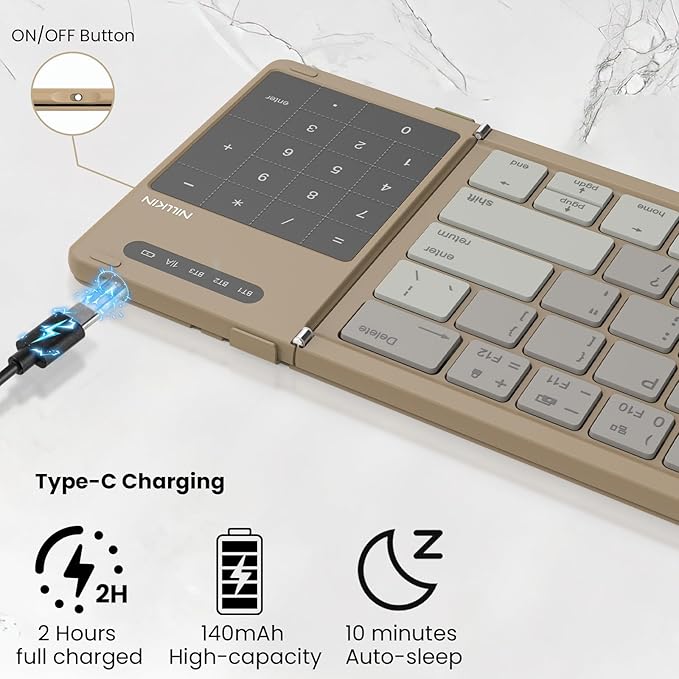 Nillkin Pocket Foldable Wireless BT Keyboard with Touchpad Number Pad for Study, Bussiness Trip, Travel Meeting for Tablet, Mobile Phone,Laptop, Full Size (Small) Keyboard (Khaki)