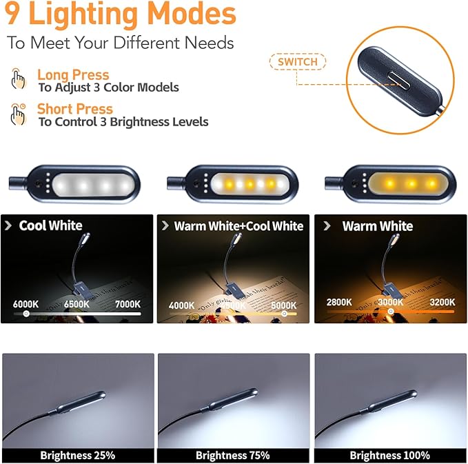 VAVOFO Rechargeable Book Light for Reading in Bed Kids, 7 LED Reading Light with 9-Level Warm Cool White Daylight, Eye Care Lamp with Power Indicator for Bookworms (Metallic Grey)