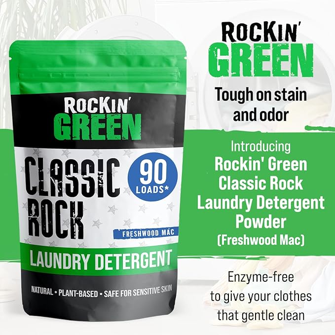 Rockin' Green Classic Rock Laundry Detergent (90 Loads), Plant based, All Natural Laundry Detergent Powder, Vegan and Biodegradable Odor Fighter, Safe for Sensitive Skin, 45 oz (Freshwood Mac)