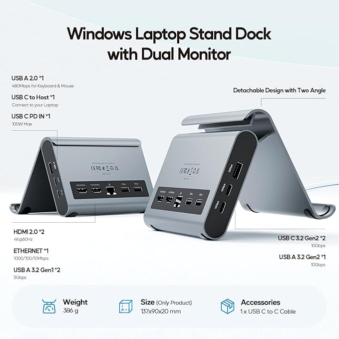 USB C Docking Station Dual Monitor, PULWTOP Laptop Dock for Windows, Laptop Docking Staion Stand with 2xHDMI 4K,3xUSB-C/A 10Gbps,2xUSB-A 5Gbps,RJ45,PD for Surface Pro11/10/9/8/Dell/HP/Lenovo/Asus/Acer