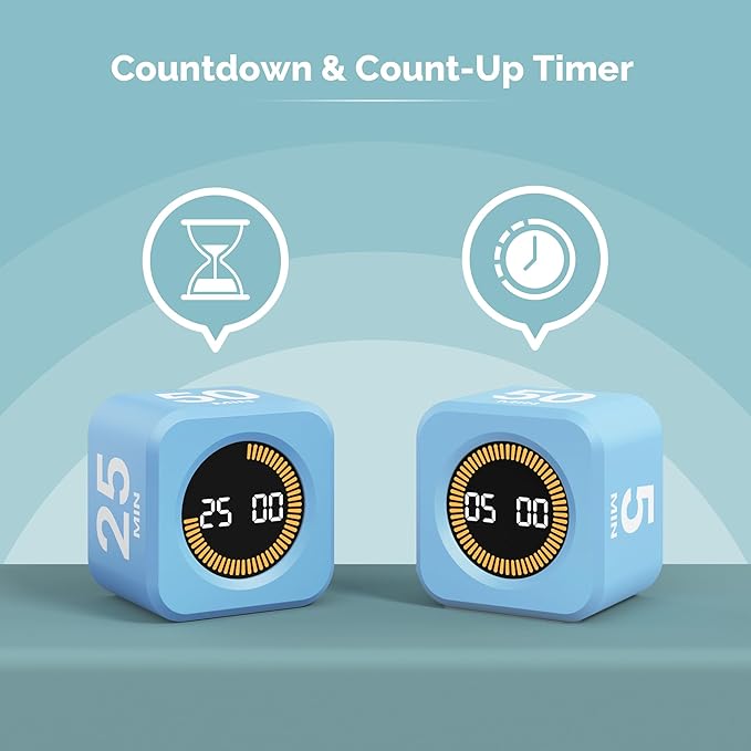 KADAMS Pomodoro Cube Timer Productivity Visual Timer - 5/10/25/50 Min Rotating Countdown (Blue)