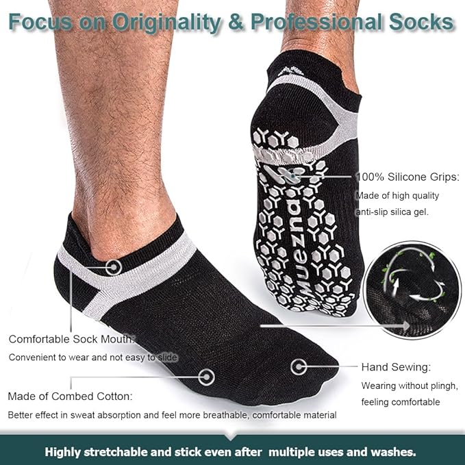 Muezna Men's Non-Slip Yoga Socks, Anti-Skid Pilates, Barre, Bikram Fitness Hospital Slipper Socks with Grips