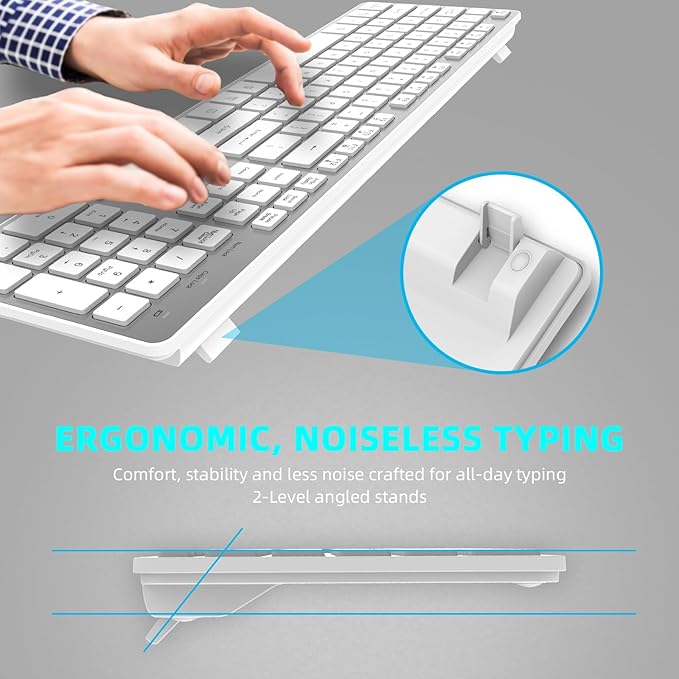 Slim Quiet Wireless Keyboard for Mac and Windows,Durable Flat Keyboard with Full Size Ultra Quiet Low-Profile Flat Keys, 2.4GHz Wireless for Mac,Windows 11/10/8/7/Vista,Microsoft & PC（Silver