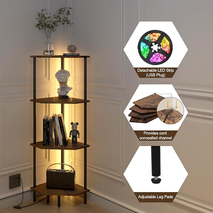 4 Tier Corner Shelf with LED Light,Bookcase for Small Spaces,Display Shelf,Narrow Bookshelf,Plant Stand,Rustic Brown and Black,Suitable for Bedroom,Living Room,Kitchen