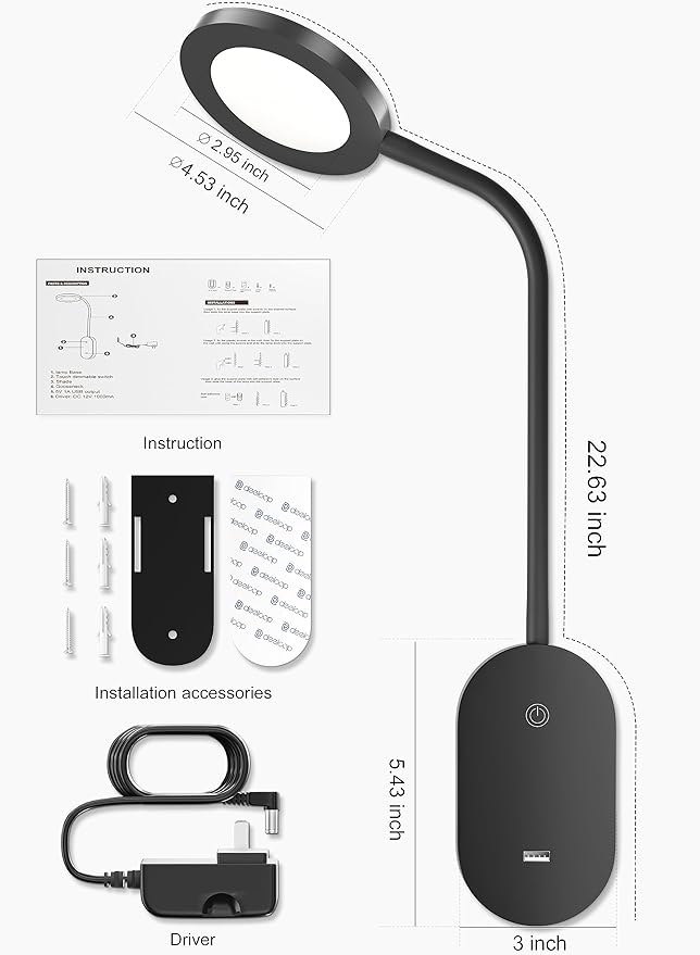 deeloop LED Wall Mounted Reading Light for Bed, Book Light for Wall Bedside Lamp with USB Output, 4 Hour Auto-Off Timer Lights，Eye-Caring Reading Lamp with 5 Dimmable 360° Gooseneck Headboard Light