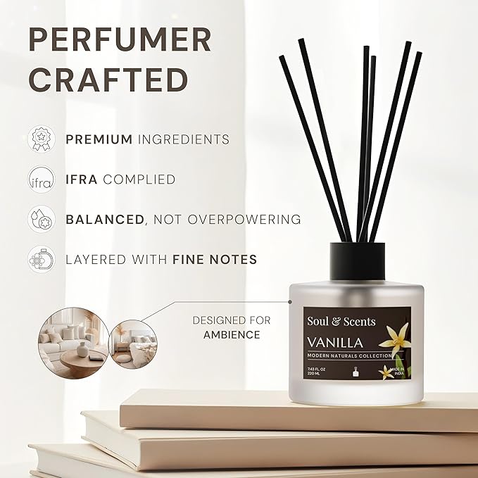 Soul & Scents Reed Diffuser Set – Vanilla | 7.43 oz Refillable Scented Oil with 6 Fiber Sticks | Long-Lasting Home Fragrance & Air Freshener for Bedroom, Bathroom, Office | Gift & Décor Piece