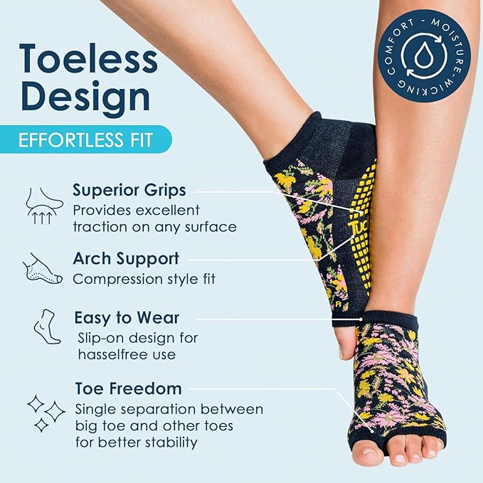 Tucketts Anklet Toeless Pilates Socks with Grips for Women, Non-Slip Ankle Toeless Yoga Socks with Grips for Barre, Size 5-13