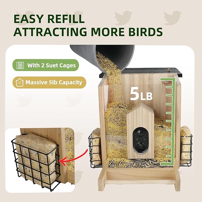 Solution4Patio Wood Solar Powered Bird Feeder with Camera - AI-Powered Bird Identification with Smart Squirrel Alarm, Weatherproof Outdoor Birdfeeder with Suet Baskets for Children & Elderly