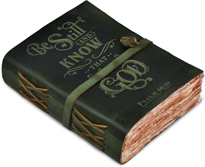 LEATHER VILLAGE Vintage Leather Journal with Psalm 46:10 Bible Verse–13''x8'' Embossed Prayer Study Journal for Women & Men – 200 Pages Handmade Cotton Deckle Edge Watercolor Paper - Green