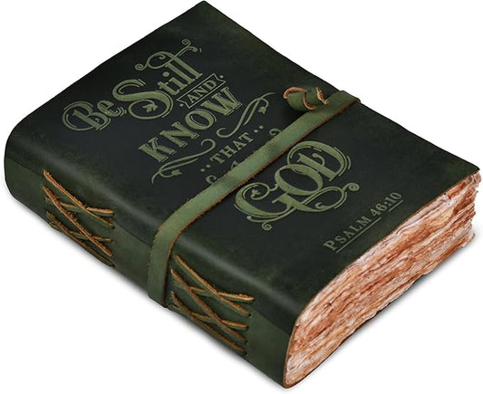 LEATHER VILLAGE Vintage Leather Journal with Psalm 46:10 Bible Verse–13''x8'' Embossed Prayer Study Journal for Women & Men – 200 Pages Handmade Cotton Deckle Edge Watercolor Paper - Green