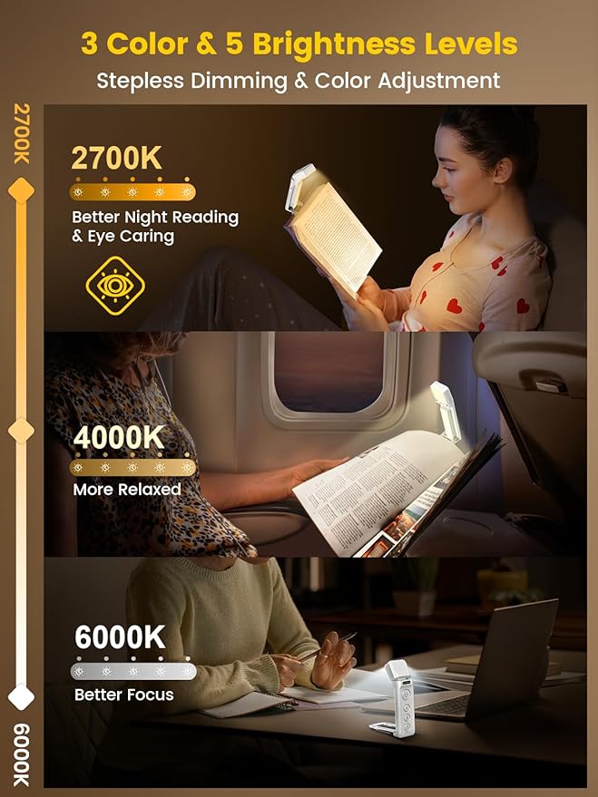 Glocusent Book Lights for Reading at Night, Rechargeable Book Light Clip on - 3 Colors & 5 Brightness, Reading Lights for Books in Bed with Sleep Aid & Timer, Travel Lock, Perfect for Bookworms, Kids