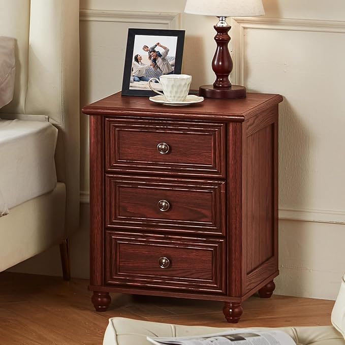 18" Farmhouse Nightstand Set 2 with Charging Station and USB Port, RedOak Night Stand with 3 Drawers, Wood Bedside End Table with Storage, Bed Side Tables for Bedroom Living Room and Closet