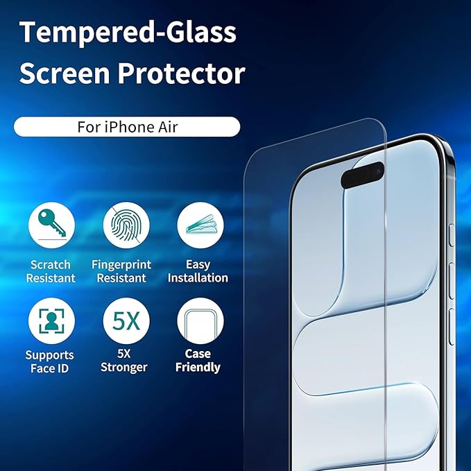 ImpactStrong Shatterproof Tempered Glass Screen Protector for iPhone 17 Air [Easy Installation Frame] [Bubble Free] [9H Hardness] [Full Coverage] Case Friendly, 6.6 Inch - (3-Pack)