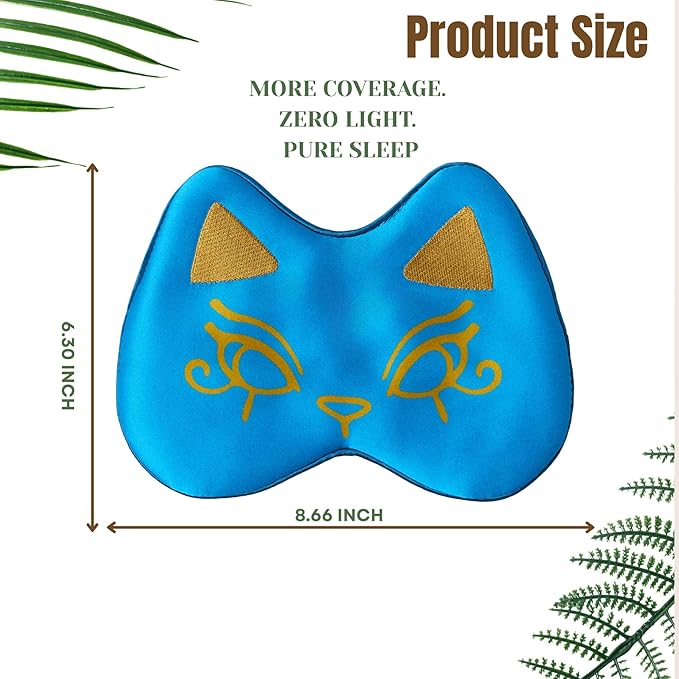 Silk Sleep Mask Blindfold Eye Mask for Sleep Cute Cat Print Embroidered Eye Cover Adjustable Oversized Egyptian Bastet with Gift Box&Pouch（Nefertari Blue-Adjustable Strap）