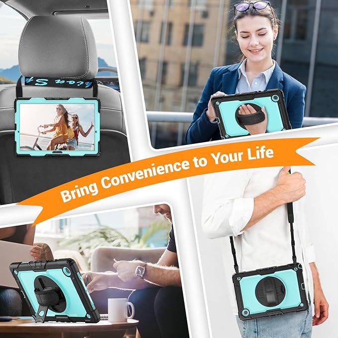 SEYMAC for Samsung Galaxy Tab A8 Case 10.5 (SM-X200/ X205/ X207), Heavy Duty Full-Body Shockproof Protective Case with Screen Protector, Rotating Stand, Hand/Shoulder Strap and Pen Holder, Sky Blue