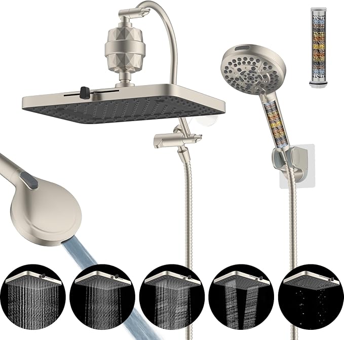 Hibbent 5-spray 13'' Dual Filtered Rainfall Shower Head Combo, High Pressure 10-setting Handheld Shower Head with 12'' Adjustable Extension Arm, 20 Stage Shower Filter, 71'' Hose, Brushed Nickel