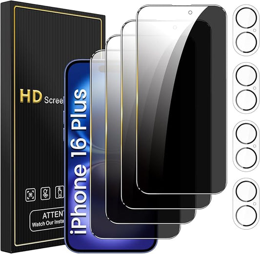4 Pack Privacy Screen Protector for iPhone 16 Plus 6.7 Inch with 4 Pack Camera Lens Protector, Anti Spy Tempered Glass Film, Anti-Scratch, Touch Sensitive, Case Friendly