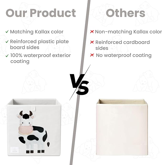 Two Cubs Foldable Kids Toy Storage Box - 13"x13" Cube Organizer Bin with Durable 2.6mm Plastic Plate Boards, Goat Design in White - Collapsible Nursery & Playroom Storage, Fits IKEA Kallax Shelves