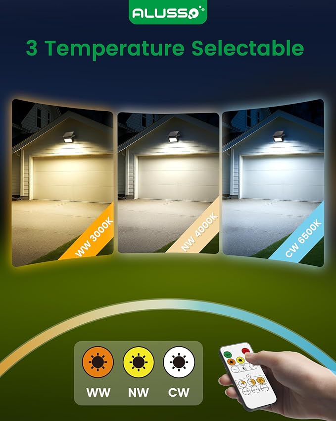 ALUSSO® Solar Security Lights Outdoor, 3CCT Solar Flood Lights with Remote Control Motion Sensor, 1000LM, Dimmable, 3 Modes, IP65 Waterproof, 2 Pack