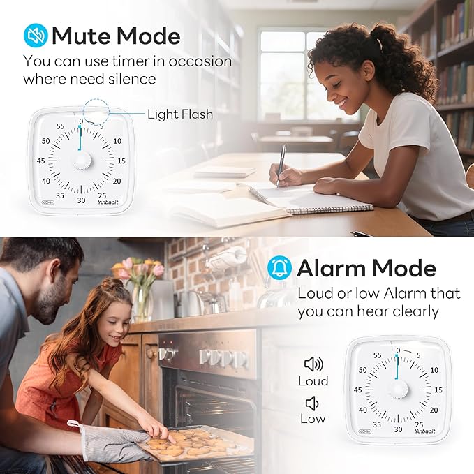 Yunbaoit Visual Timer with Night Light, 60-Minute Countdown Timer for Kids and Adults, Silent Classroom Timer, Time Management Tool for Home, School, or Work (Light White)