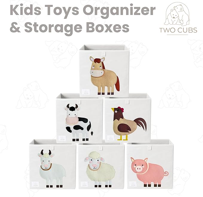 Two Cubs Foldable Kids Toy Storage Box - 13"x13" Cube Organizer Bin with Durable 2.6mm Plastic Plate Boards, Pig Design in White - Collapsible Nursery & Playroom Storage, Fits IKEA Kallax Shelves
