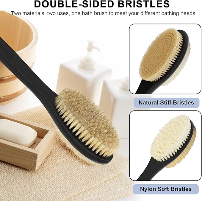 Back Scrubber, Back Scrubber for Shower, Bath Brush Long Handle for Shower with Double Sided Bristles for Wet or Dry Brushing (Black)