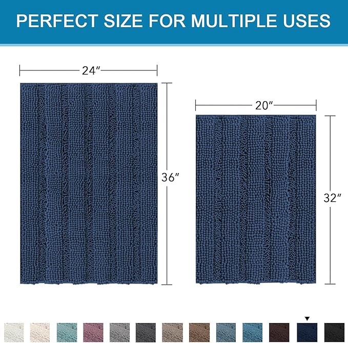 H.VERSAILTEX 2 Piece Bathroom Set - Super Absorbent Chenille Striped Bath Mats and Rugs - Non-Skid, Machine Washable Floor Mats (Navy, 24 x 36 Plus 20 x 32 Inches)