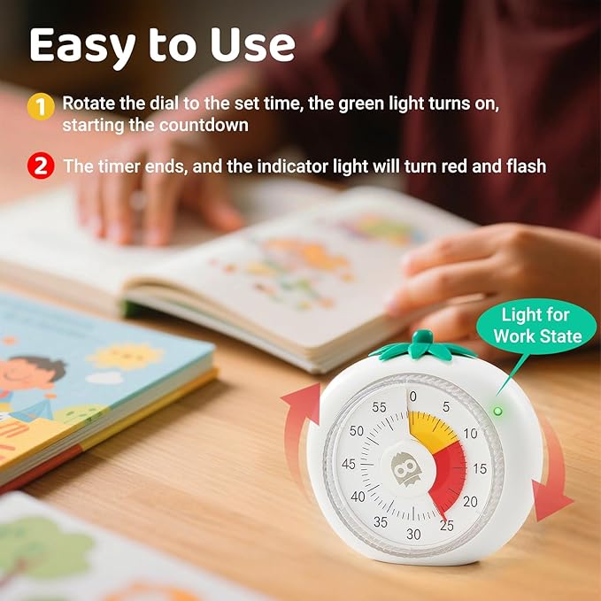Visual Timer for Kids, 60-Minute Countdown Timers for Classroom Office Kitchen with Silent Operation, Kids Timer for Teaching with Cute Design, 4-Color Zone Pattern Pomodoro Timers