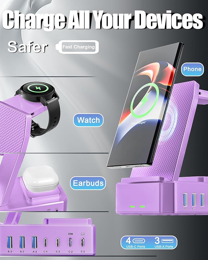 300W Wireless Charger for Samsung,Zutspzss 10 in 1 Wireless Charging Station, 65W USB C Fast Charging Stand for Samsung S25 Ultra/S24/S23/S22/Z Fold,Galaxy Watch Ultra7/6/5,Galaxy Buds,Purple