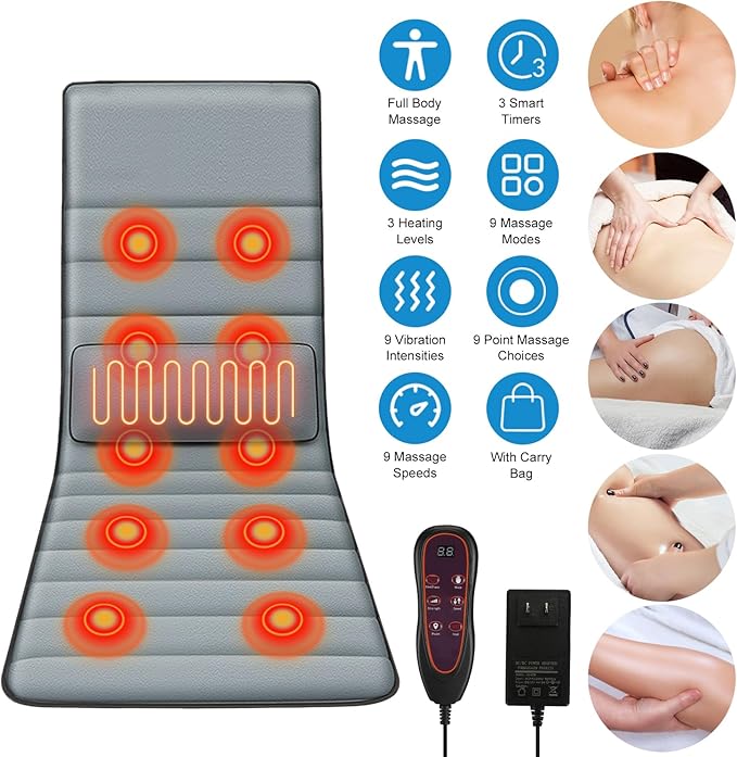 Full Body Electric Massage Mat with Heat, Vibration Back Massage Pad Cushion with Inflatable Head Pillow and Lumbar Pillow, 10 Vibration Motors 3 Timers