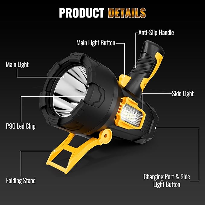 Rechargeable Spotlight, 990000 Lumens Super Bright Led Spotlights Flashlight with Cob Light & Foldable Tripod, 10000ɱAh Spot Lights Long Runtime, Handheld Spotlight for Hunting Boating Outdoor