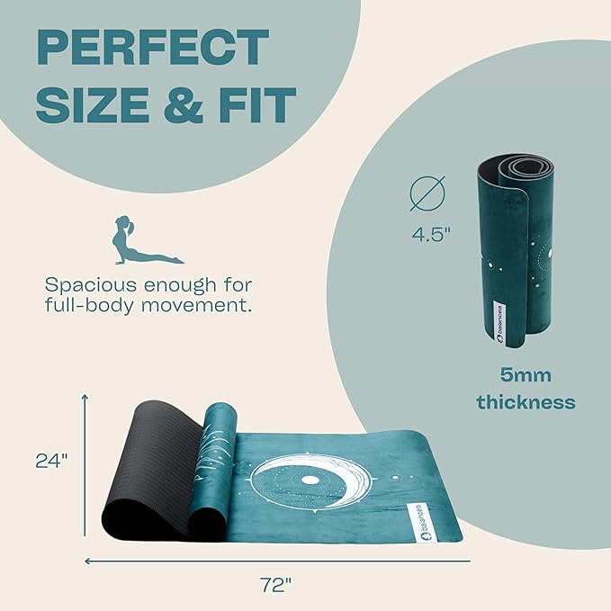 Yoga Mat With Strap 5mm Non Slip Suede & TPE - Beige Eco-Friendly Fitness & Exercise Mat for Home Gym, Pilates, Hot Yoga, and Meditation - Lightweight Durable 72 x 24 inch Workout Mat for Women, Men