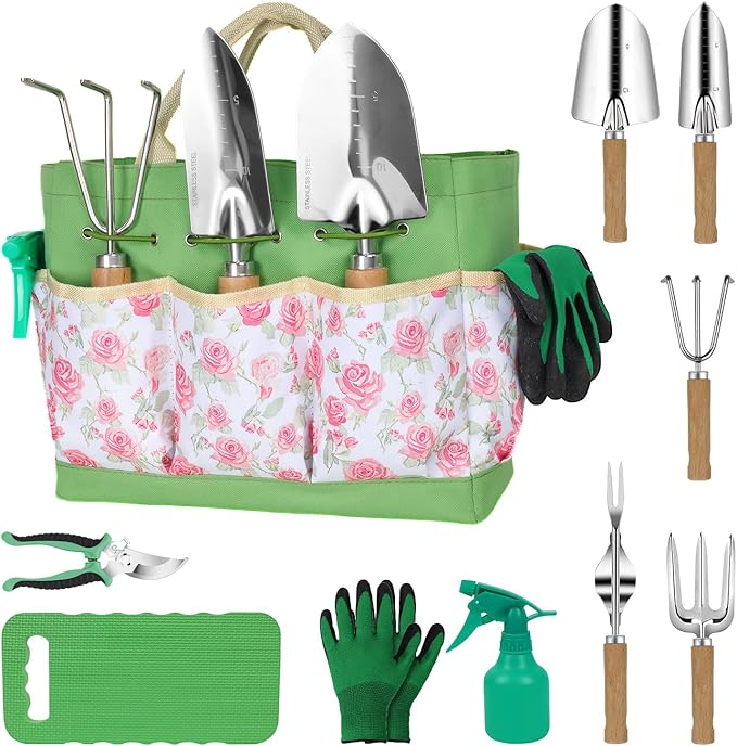 LeMotech Garden Tools Set, 10-Piece Heavy Duty Garden Hand Tools Kit with Wooden Handle, Durable Organizer Bag for Garden Supplies, Gardening Gifts for Women Grandmother, Pink Floral Pattern