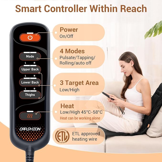 Back Massager with Heat,Heated Seat Cover Cushion with 5 Vibrating Massage Nodes & 2 Heat Levels Massage Chair Pad for Pain Relief Home Office Use