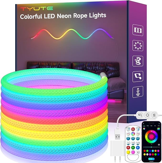LED Rope Lights, 9.84ft Neon LED Lights Strip with 360 Degree Luminous, 5V USB Flexible IP67 Waterproof Music Sync Remote APP Control Gaming Lights Accessories for Bedroom Outdoor Décor