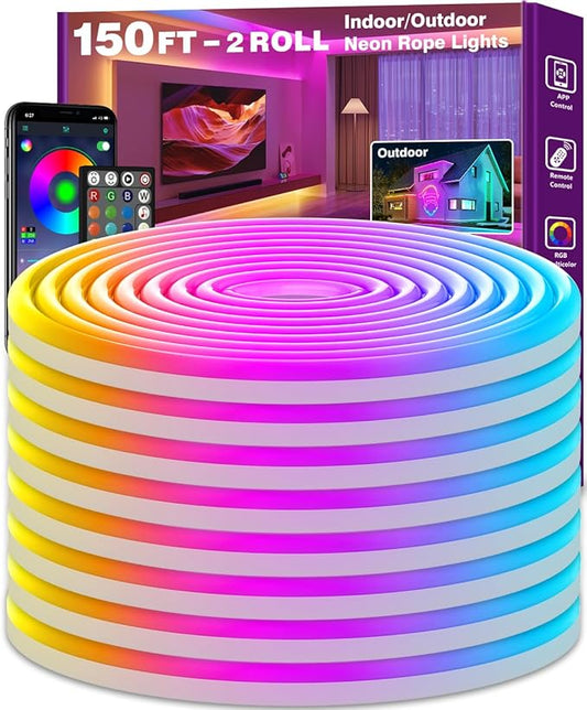 SINLEY Led Neon Rope Lights 150FT,Control with App/Remote,Flexible Led Rope Lights,Multiple Modes,IP68 Outdoor RGB Neon Lights Waterproof,Music Sync Gaming Led Strip Lights for Bedroom Indoor