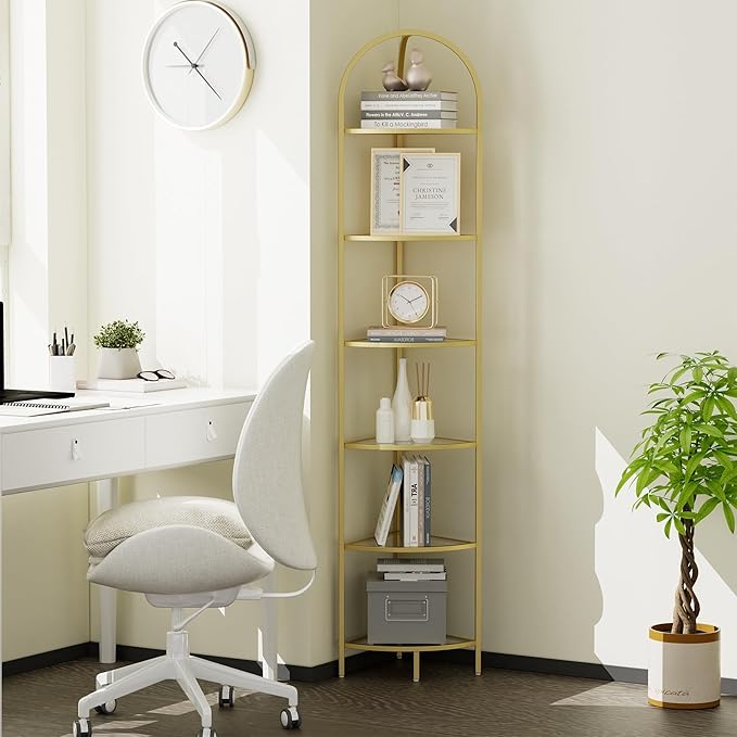 Homhedy 6-Tier Corner Shelf Stand, Metal Corner Bookshelf, Tempered Glass Shelves, Bathroom Storage Rack Shelf, Plant Stand, Modern Style, Golden