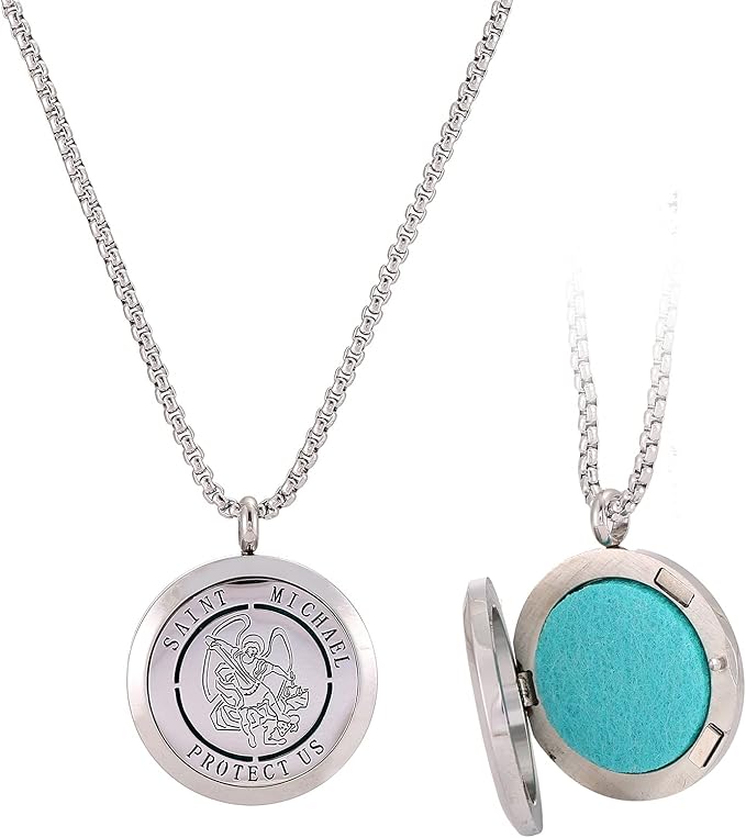 St Michael The Archangel Aromatherapy Essential Oil Diffuser Locket Stainless Steel Perfume Necklace-Perfume, Fragrance, Scent Diffusers for Women and Girls