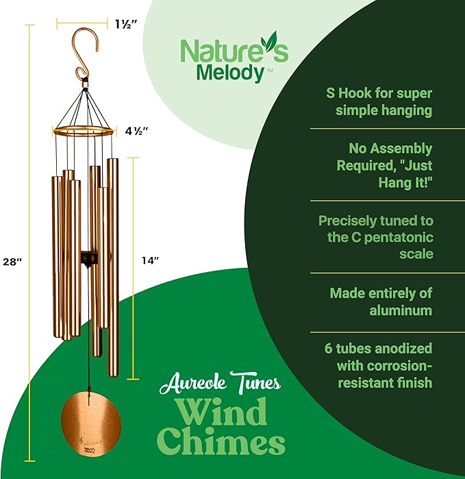 Nature’s Melody Aureole Tunes Wind Chimes – Outdoor Windchime with 6 Tubes, 100% Rustproof Aluminum, Powder Finish & S Hook Hanger for Sympathy, Memorial Gift or Zen Garden (Bronze, 28")