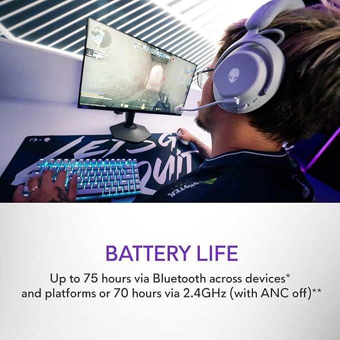 Alienware Pro Wireless Gaming Headset - Wired/Wireless, Bluetooth 5.3, 15 Minute Fast Charging, Audio Output 20 Hz, Battery Talk Time (ANC on) Up to 24 Hrs (Bluetooth), Lunar Light
