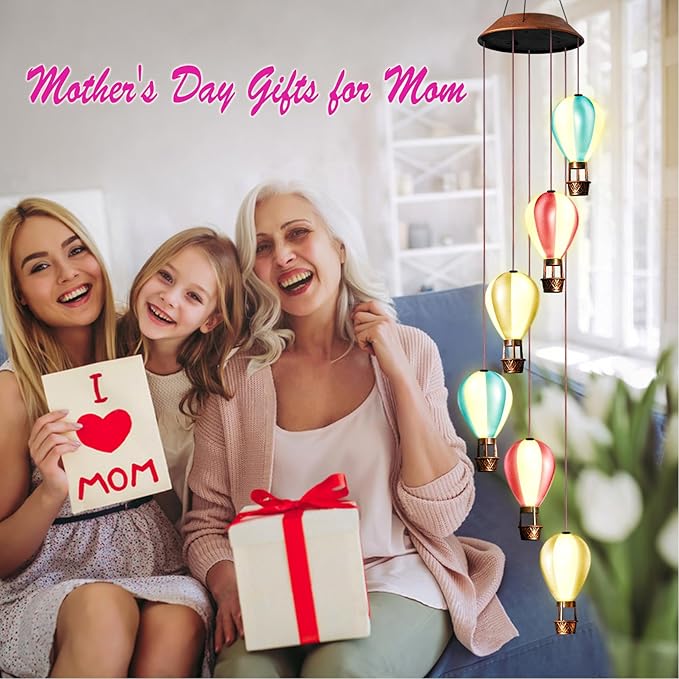 Solar Wind Chimes for Outside - Hot Air Balloon Solar Lights Outdoor Decor Gifts for Women Mom Grandma Birthday