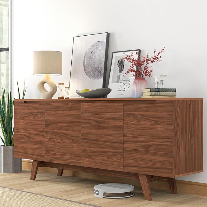 ANJ TV Stand for 80 inch TV, Mid-Century Modern TV Console with Storage Cabinet, Wooden Television Furniture for Living Room, Entertainment Center with Adjustable Shelf Design