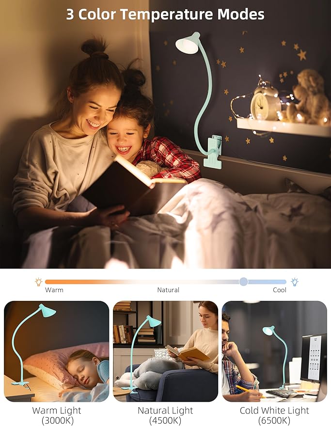 Reading Light for Bed, Clip-on Desk Lamp with Flexible Neck, 3 Color Modes & 10 Dimmable Brightness, Teal