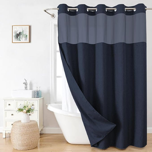 Extra Long No Hooks Needed Linen Textured Shower Curtain with Snap-in Fabric Liner Set,White Hotel Luxury Decor Shower Curtains for Bathroom,Waterproof & Washable,71Wx86H,Navy Blue