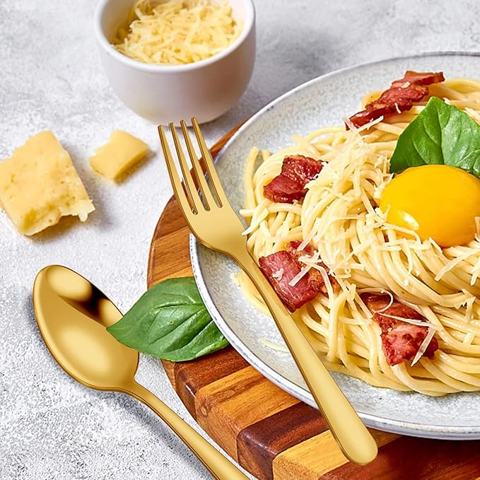 24-piece Forks and Spoons Silverware Set, Unokit Stainless Steel Flatware Cutlery Set for Home, Kitchen and Restaurant, 12 Dinner Forks and 12 Dinner Spoons, Mirror Polished&Dishwasher Safe - gold