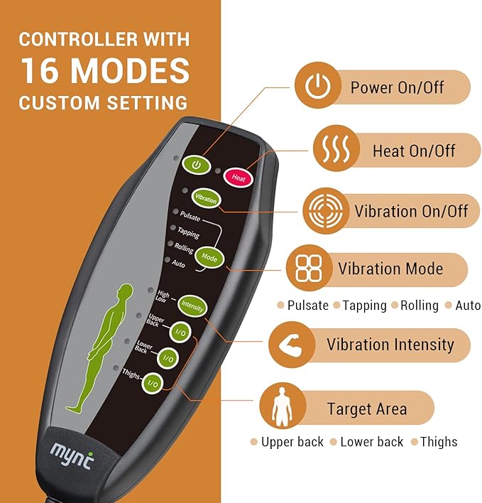 Mynt Vibration Massage Seat Cushion Memory Foam Support Chair Pad, Back Massager with 8 Vibrating Motors & Soothing Heat,Electric Seat Massager for Home Office Use(Black)