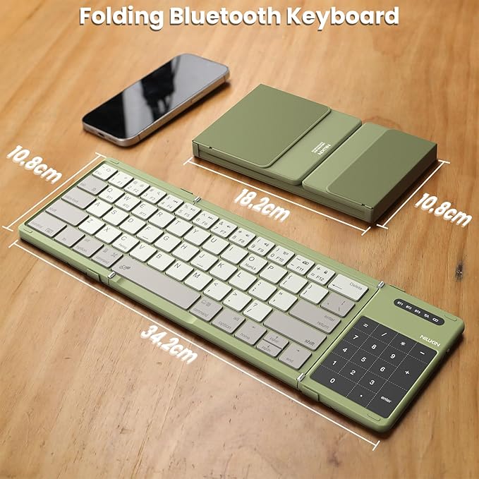 Nillkin Pocket Foldable Wireless Keyboard with Touchpad Numerical Pad for Travel Meeting for iPad Tablets Phone Laptop PC, Full Size (Small) Magnetic Folding Keyboard (Green)