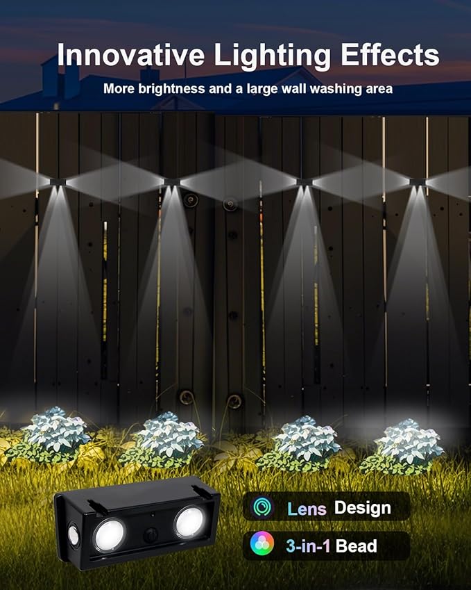 8 Pack 3-Side Solar Fence Lights Outdoor Waterproof with Cool White LED Spot Lens, for Wall, Deck, Patio, Yard, Rail, Garage, Pool, Designed for Enhanced Security, Easy Install