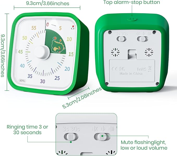 Yunbaoit Visual Timer with Protective Case, Dinosaur Disk 60 Minute Countdown Timer for Kids and Adults, Silent Time Management Tool(Green Dinosaur)